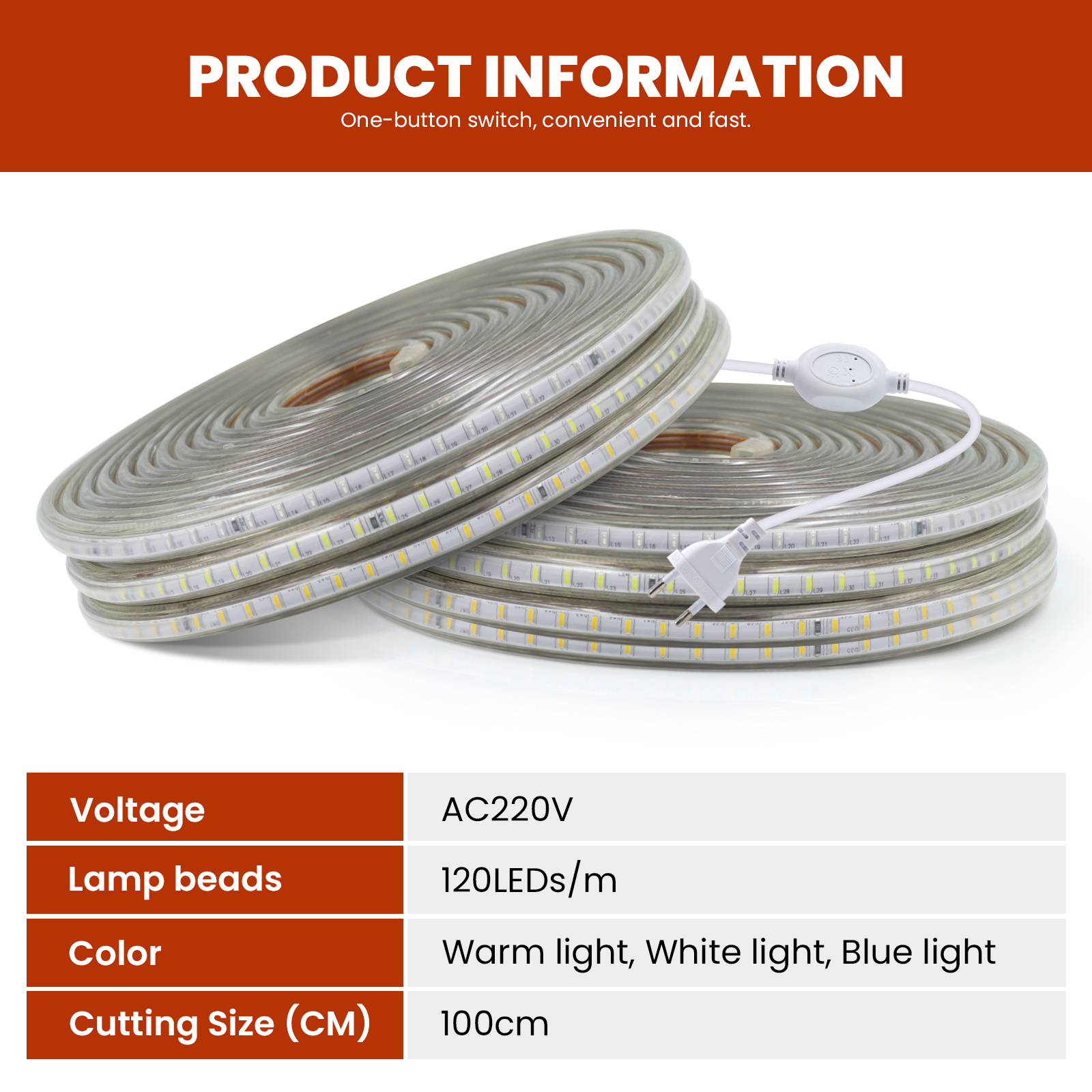 Tira de luces led de 220V, 3014 SMD, 120led/m, cinta de luz flexible impermeable, Blanco cálido, 1m, 5m, 10m, 20m, 25m, 50m, 100m, enchufe de alimentación