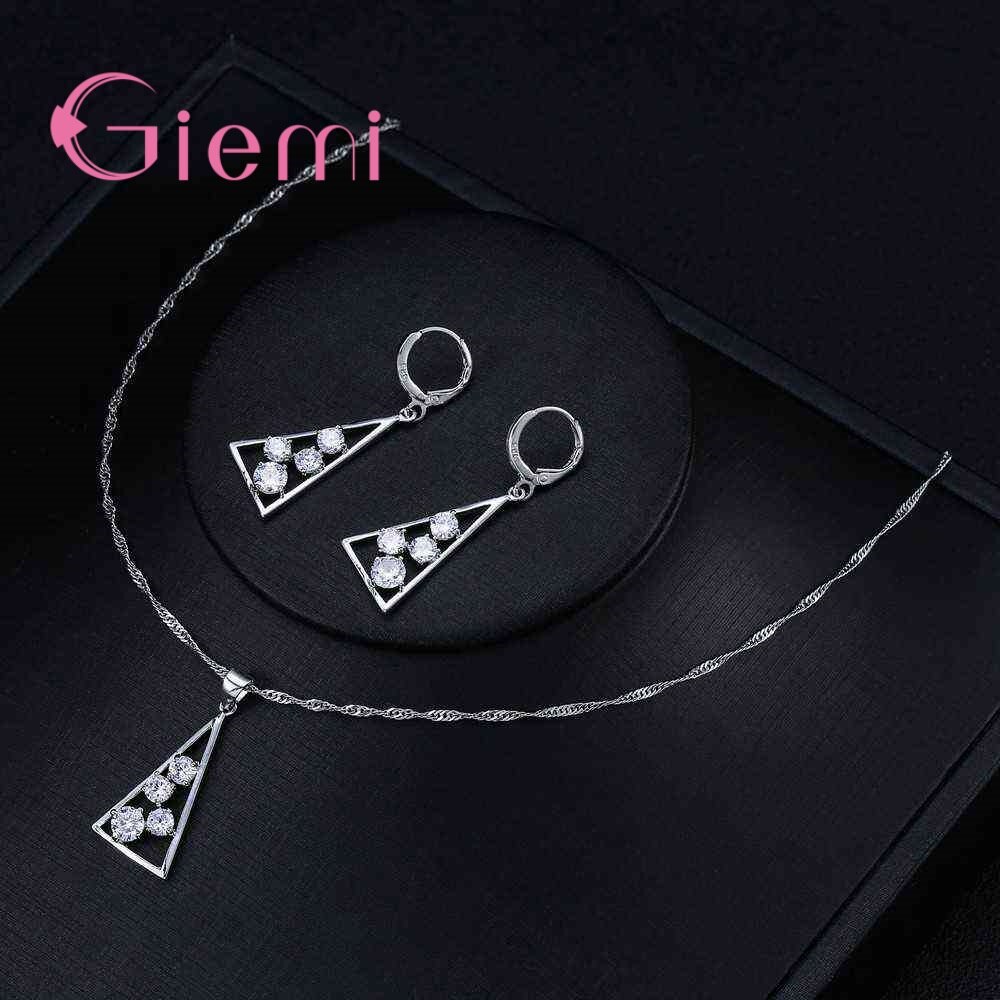 100% 925 Sterling Silver Necklace Pendants for Women Wedding Party Geometry Cubic Zirconia Hoop Earring Sets Lover Girl