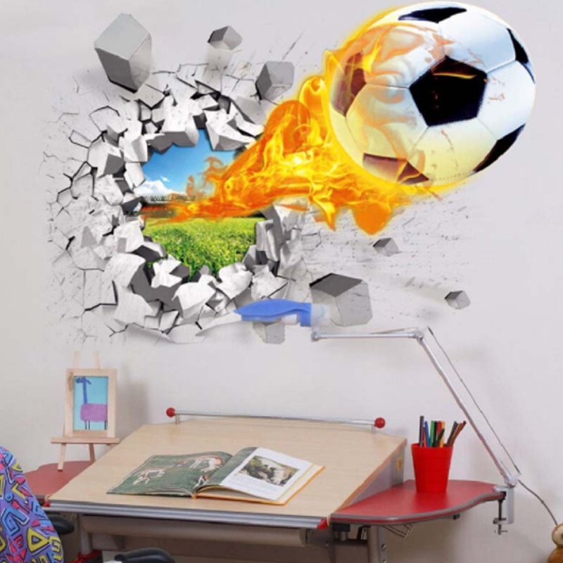 3D Football broken wall sticker for kids room living room sports decoration mural wall stickers home decor decals wallpaper
