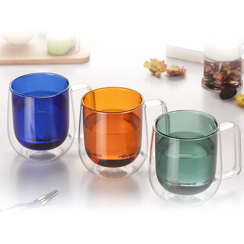 Vaso de agua de vidrio de borosilicato, vaso de agua de doble capa , taza de café Retro multicolor con Mango/200ml