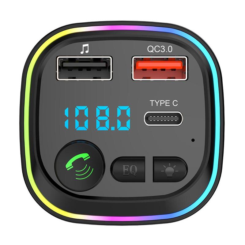 Car Bluetooth 5.0 FM Transmitter 87.5-108 mhz Type-C Dual USB 5V/3.1A Fast Charger LED Backlit Atmosphere Light MP3 Player