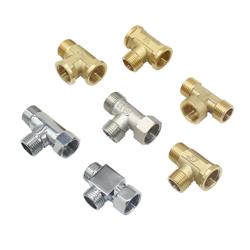 Brass 1/2 Inch Male Female Thread Coupler Tee Water Hose Splitter Copper 3-Way Connector Fitting Tube Water Plumbing Joints