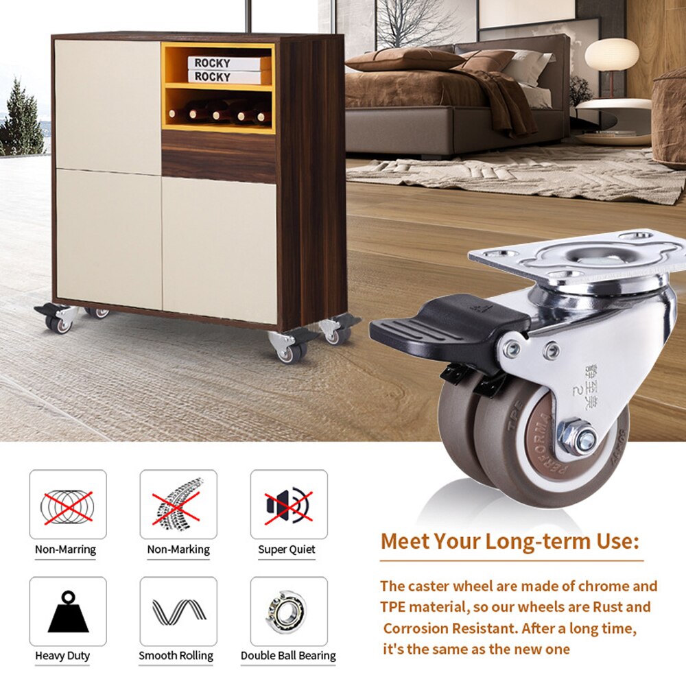 1.5/2 inch 360 Degree Swivel Caster Wheels Heavy Duty Caster Wheels With Double Wheels No Noise Wheels For Carts Workbench