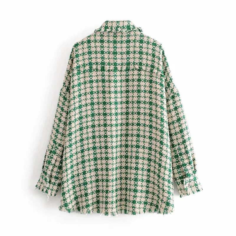 Vintage smarte grønne plaidlommer tweed jakker kvinder side åben turn-down krave frakker kvindeligt overtøj