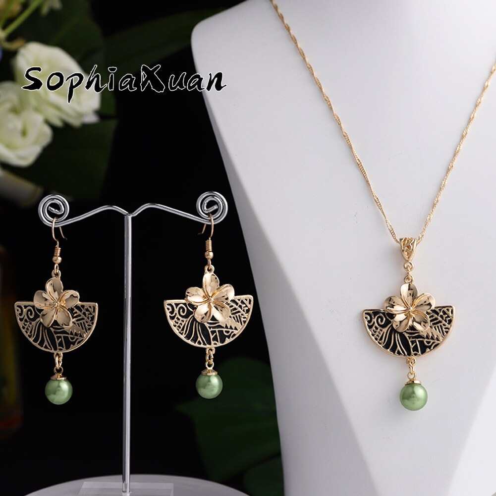 Sophiaxuan Hawaiian Polynesische Sieraden Sets Zwart Sector Plumeria Bloemen Parel Hangers Kettingen En Oorbellen Voor Vrouwen