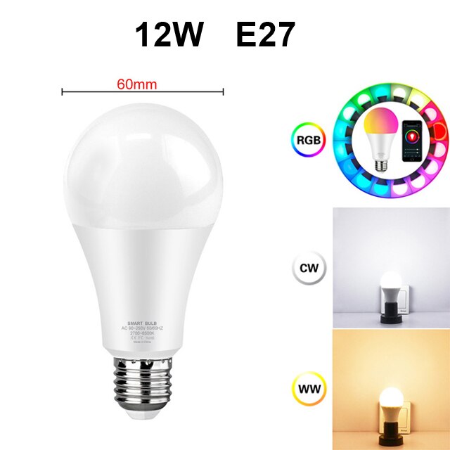 Avatto tuya 12w 15w wifi smart lyspære , e27 rgb led lampe som kan dimmes med smart life app, stemmekontroll for google home, alexa: 12w rgbcw  e27