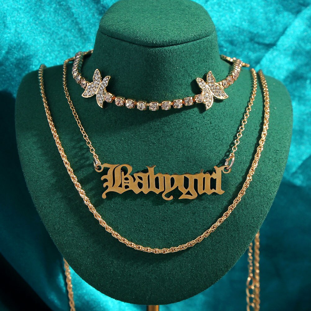 Collares de cristal multicapa con de mariposa y dragón para mujer, cadena de clavícula con letras de Ángel dorado Punk, joyería para de hip hop, novedad