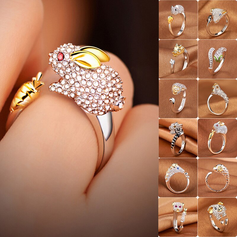 Koper Plated Crystal Mooie Hond Varken Konijn Aap Ingelegd Dier Ringen Vrouwen Meisje Opening Ring Wedding Party Sieraden