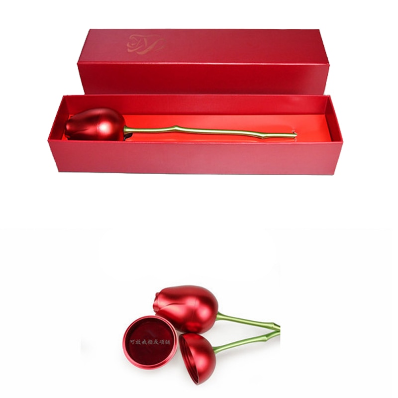 Metalen Rode Roos Vorm Ring Ketting Sieraden Doos Huwelijk Voorstel Valentijnsdag Dozen (Wordt Geleverd Met Een Ketting)