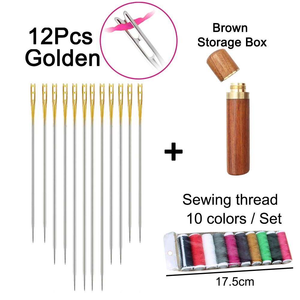 12Pcs/set Elderly Stainless Steel Needle-side Hole Blind Needle Household Sewing Hand Sewing Needles Threading Apparel Sewing: Golden B Set 3