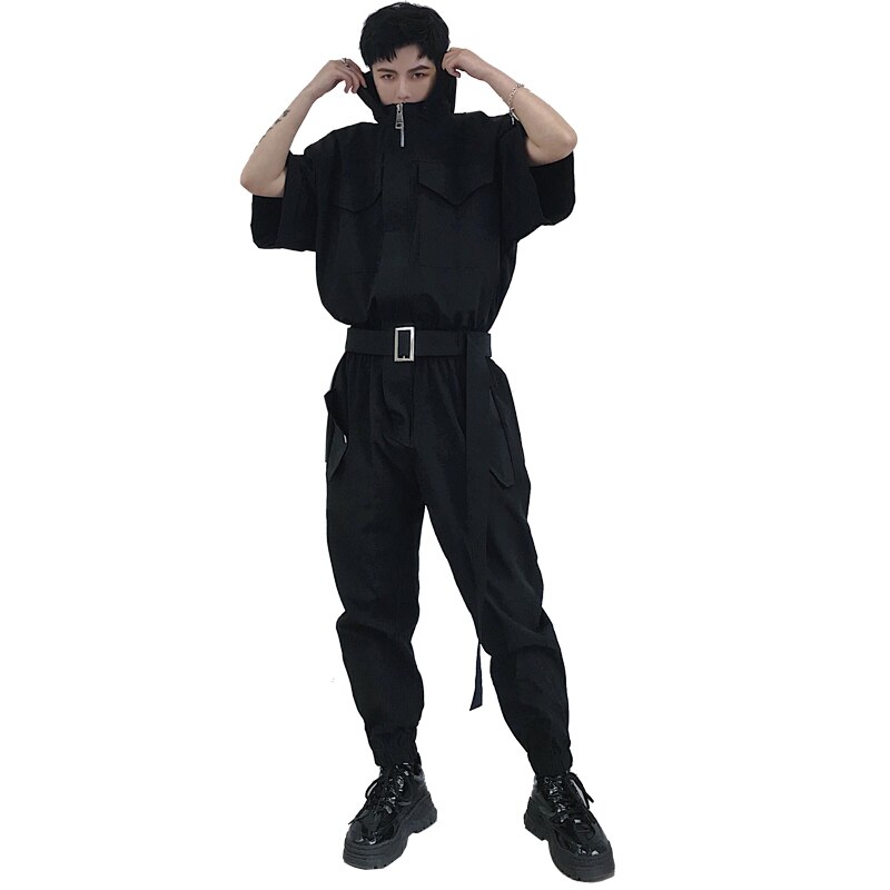 Retro Short Sleeve one-piece suit hip hop one-piece street work clothes hip-hop men's wear leg nine-point trousers: XXXL