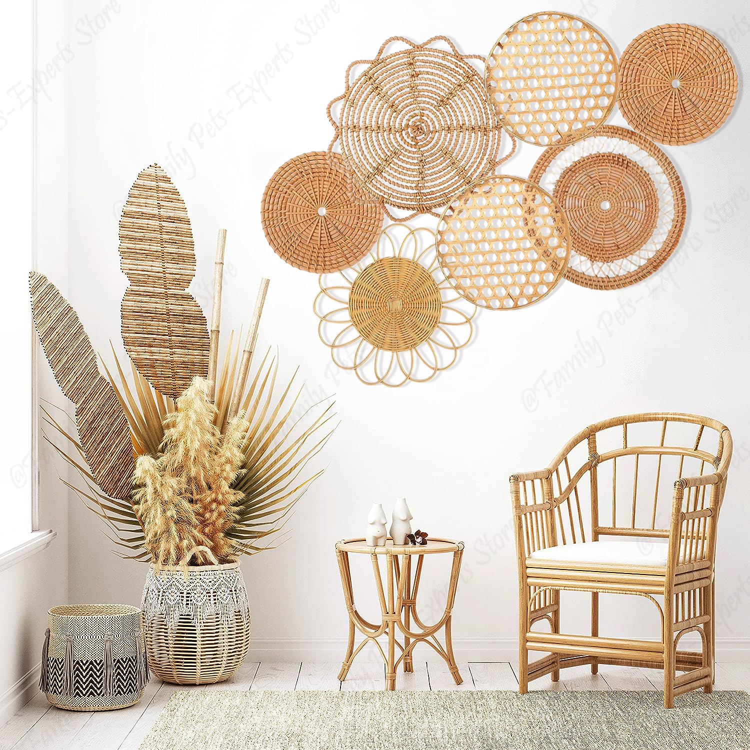 7 Uds. Decoración de pared de ratán bohemio, cestas tejidas colgantes, decoración bohemia para el hogar, decoración de pared de mimbre hecha a mano para dormitorio, granja