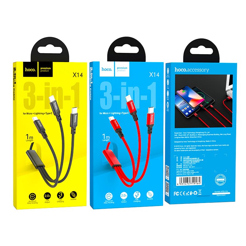 HOCO 3in1 USB Ladegerät Kabel Für iPhone 11 Profi X XS Max XR 7 8 Android Mikro USB Kabel Typ C Für Samsung S9 Xiaomi Schnelle Ladung