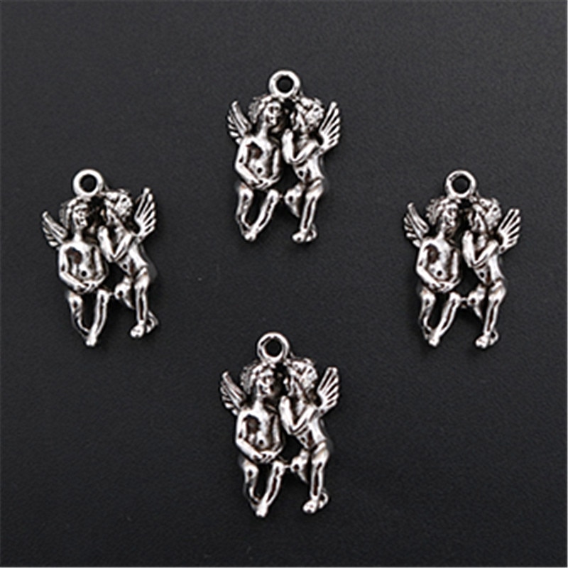 WKOUD 8 stks Antiek Zilver 3D Paar Angel Charm Vintage Ketting Armband DIY Handgemaakte Metalen Sieraden Legering Hangers A1414