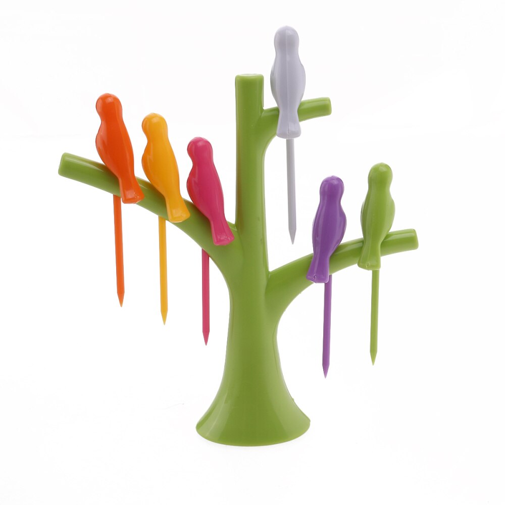 Tree and Bird Shaped Plastic Toothpick Fruit Fork (White)