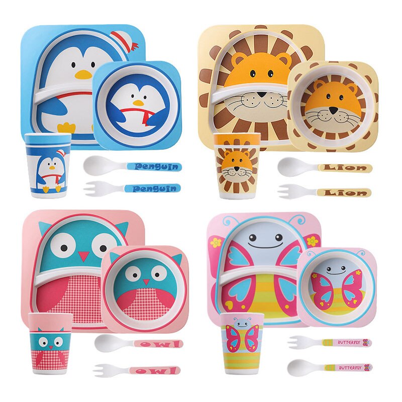 5pcs/set Animal Zoo Baby Plate Bow Cup Forks Dinnerware Feeding Set 100% Bamboo Fiber Baby Children Tableware Set