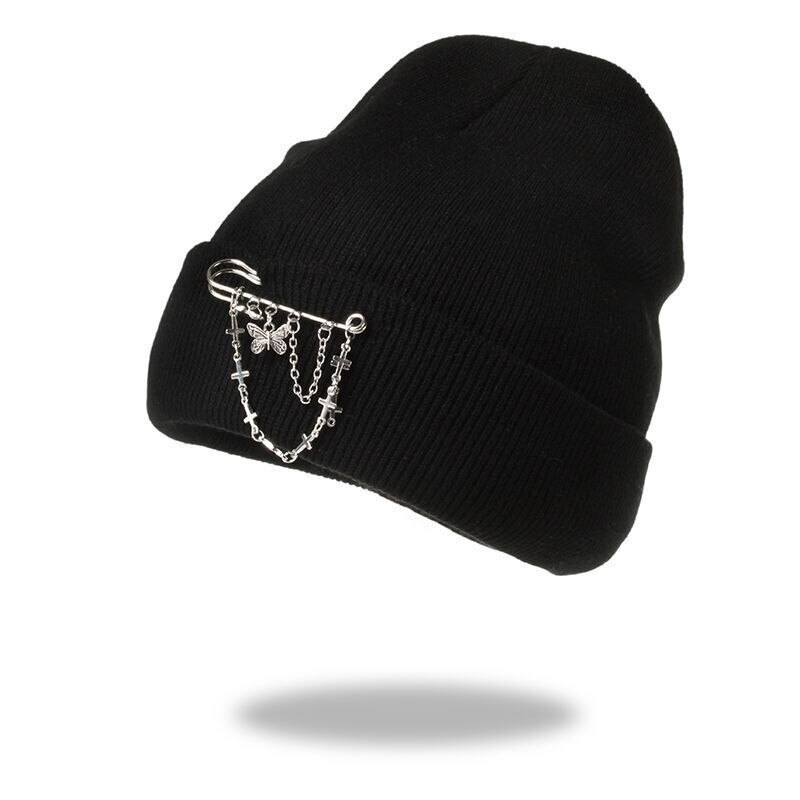 Women's Beanie Hats with Butterfly Chain Accessories for Winter Hip-Hop Knitted Hats Cap Streetwear Warm Hat Girls: Black