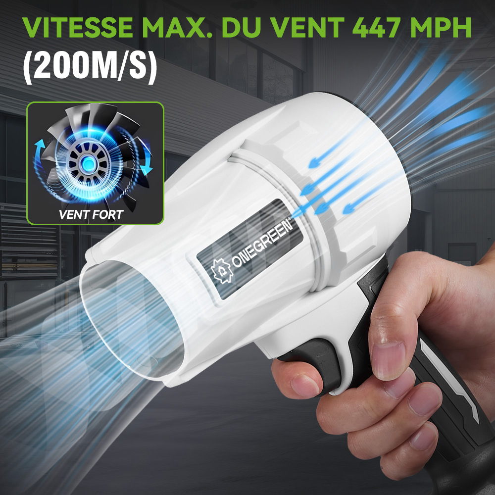 ONEGREEN 2000 W elektrischer Turbogebläse, Strahlventilator, 200 m/s, Handluftgebläse, heftiges Blaswerkzeug für 21 V 18 V Batterie