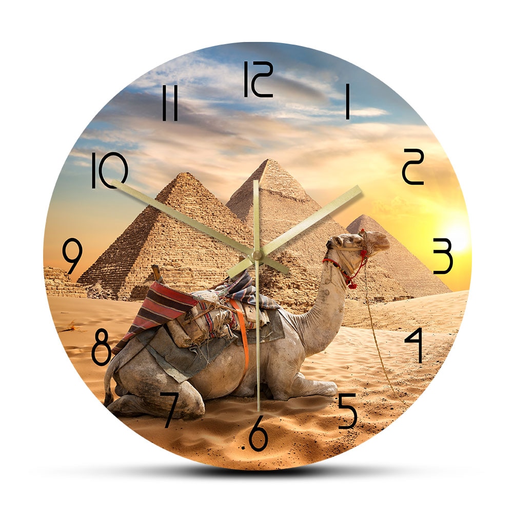 Sahara Animals Sunset Desert Camel Wall Clock Egypt Pyramids Egyptian Architecture Home Decor Quiet Clocks Africa Travel