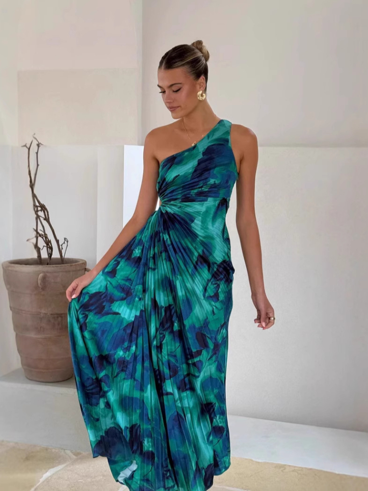 2025 de verano nueva mujer temperamento vestido plisado hombro inclinado sin mangas Sexy vestido estampado de vacaciones: XL