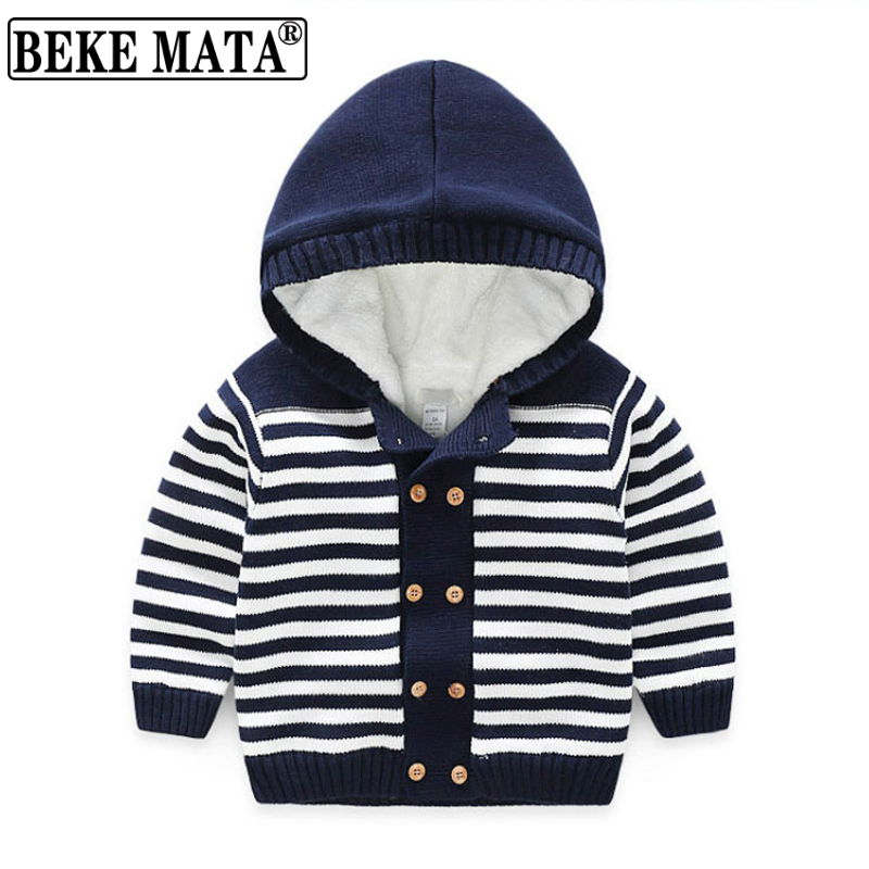 2022 Winter Dikke Katoenen Gebreide Hooded Gestreepte Baby Boy Truien Lange Mouw Peuter Meisje Jas Double Breasted Baby Kleding