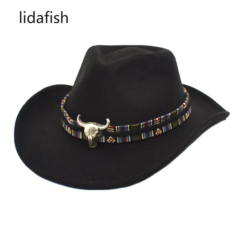 Lidasfish-Sombrero de vaquero occidental de ala ancha con banda para la Cabeza de Vaca, sombreros de Jazz de fieltro para hombre y mujer, gorra de Panamá negra, Otoño e Invierno