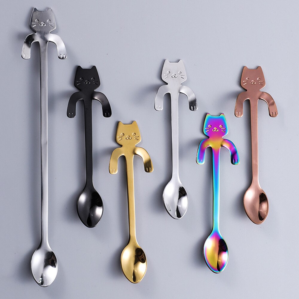 Small Mini 304 Stainless Steel Cute Cat Teaspoons Cartoon Spoons Ice Cream Dessert Spoon Long Handle Coffee&Tea Spoon