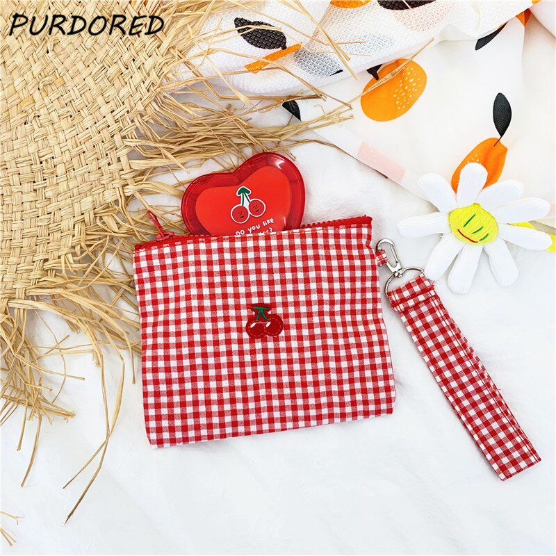 Purdored 1 pc kirsebærrød plaid makeup taske unge piger sød lynlås kosmetik taske mini kvinder skønhed taske rejse make up taske