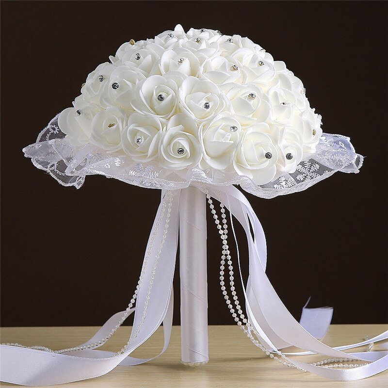 Amor boda Ramos de dama de honor boda decoración hecha a mano PE Artificial flores falsa Perla Ramos Rosa