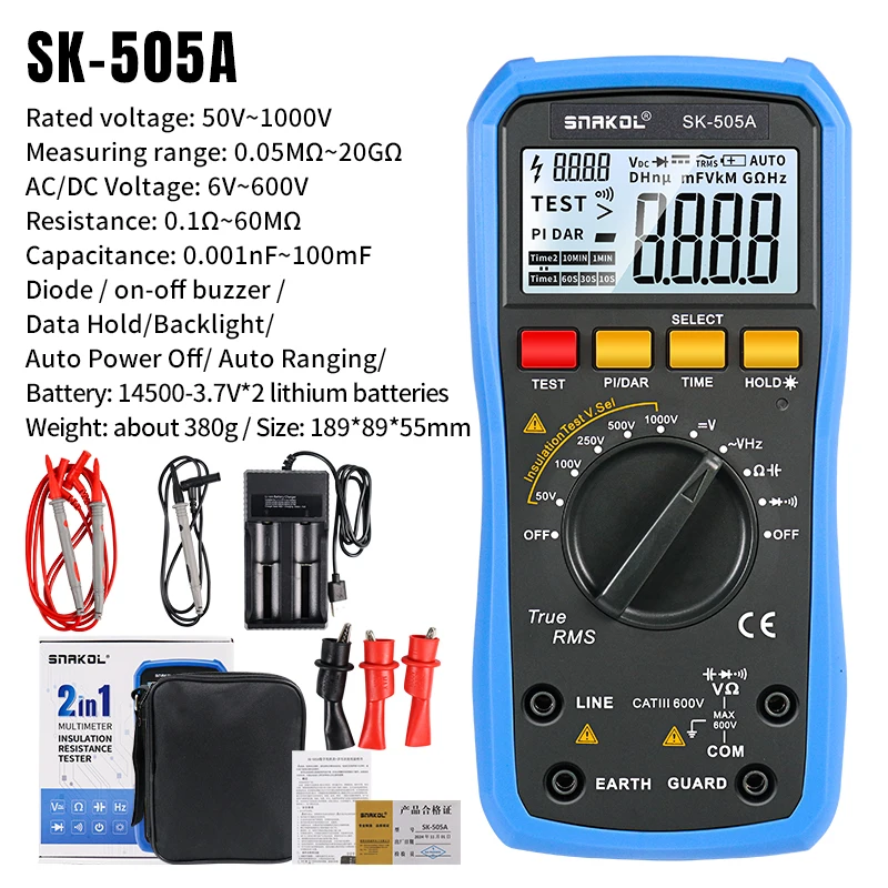Snakol SK-505A 2-in-1 Digital Multimeter Insulation Resistance Tester 1000V Megohmmeter Voltmeter AC/DC Voltage Resistor Meter: Default Title