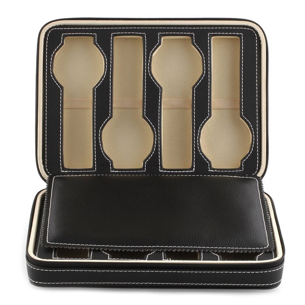 8 Grids Watch Display Storage Box Case Tray Zippered Travel Watch Collector Case Faux Leather Black: Default Title