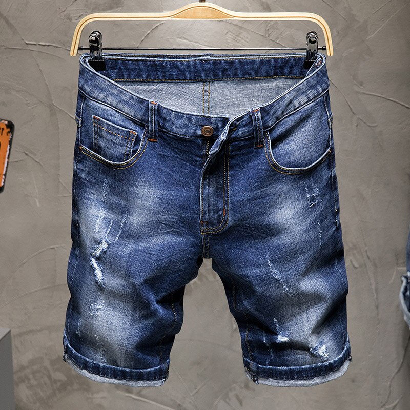 Sommer rippede blå denim shorts mandlig kinesisk broderi på ryggen slim fit jeans shorts bermuda herre jogger 36 38