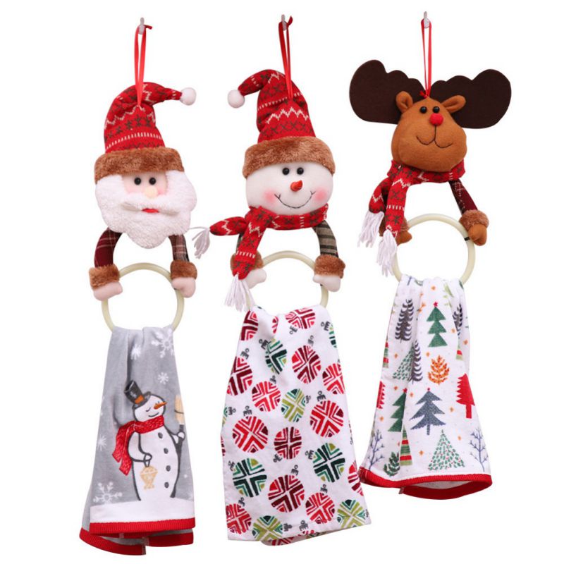 Wbbooming jul hængende håndklæde bar år julemand elg klud håndklæde hængende ring stativer holder køkken bolig dekorationer