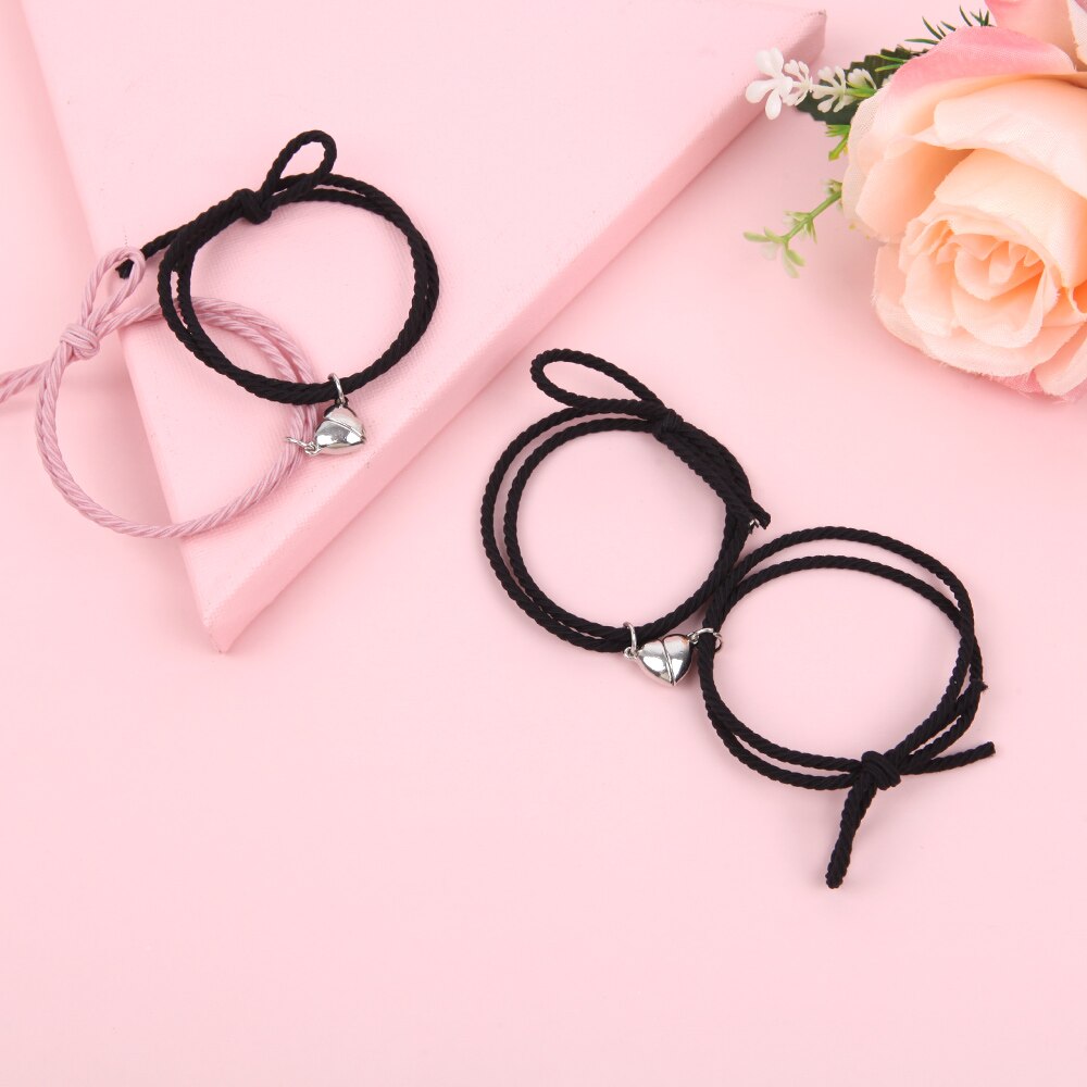 2Pc Twee Helften Hart Magnetische Armband Staal Hanger Paar Armbanden Voor Minnaar Vriendschap Armbanden Gevlochten Touw Magneet Sieraden