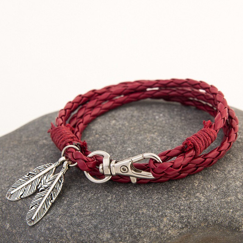 Leather Wrap Braided Wristband Retro Leaves Cuff Punk Men Women Couple Friendship Bracelet Bangle