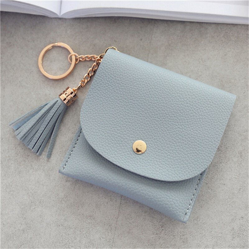 Wallets Women Coin Purse Ladies Pu Leather Tassel & Metal Ring Clutch Keychain Thin Key Bag Card Holders Mini Pouch: Gray blue