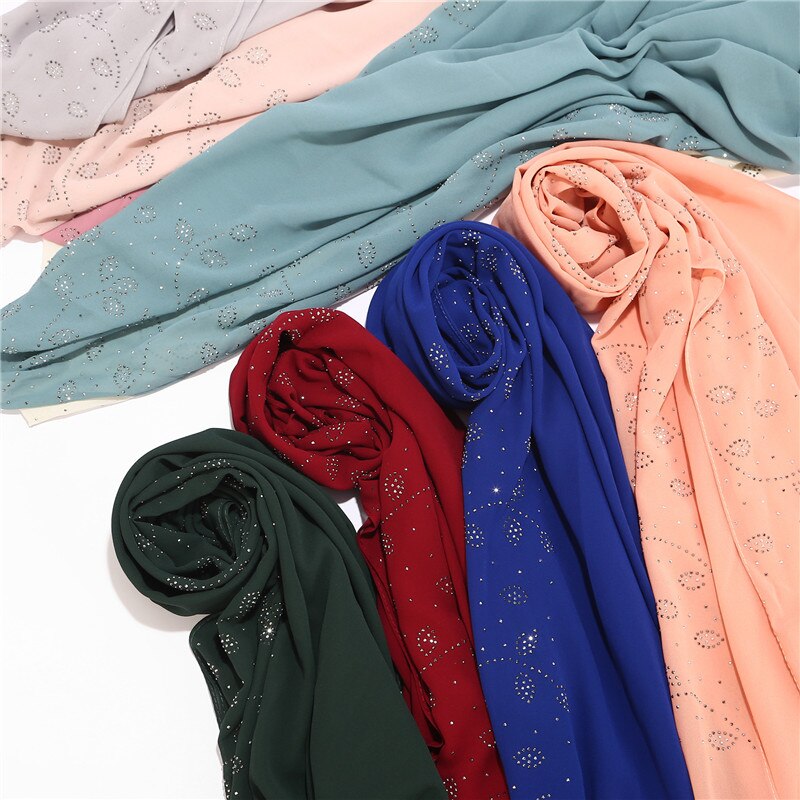 NEUE frauen strass Chiffon-feste farbe muslimischen kopf schal schals und wickelt pashmina bandana weiblich foulard hijab speichert