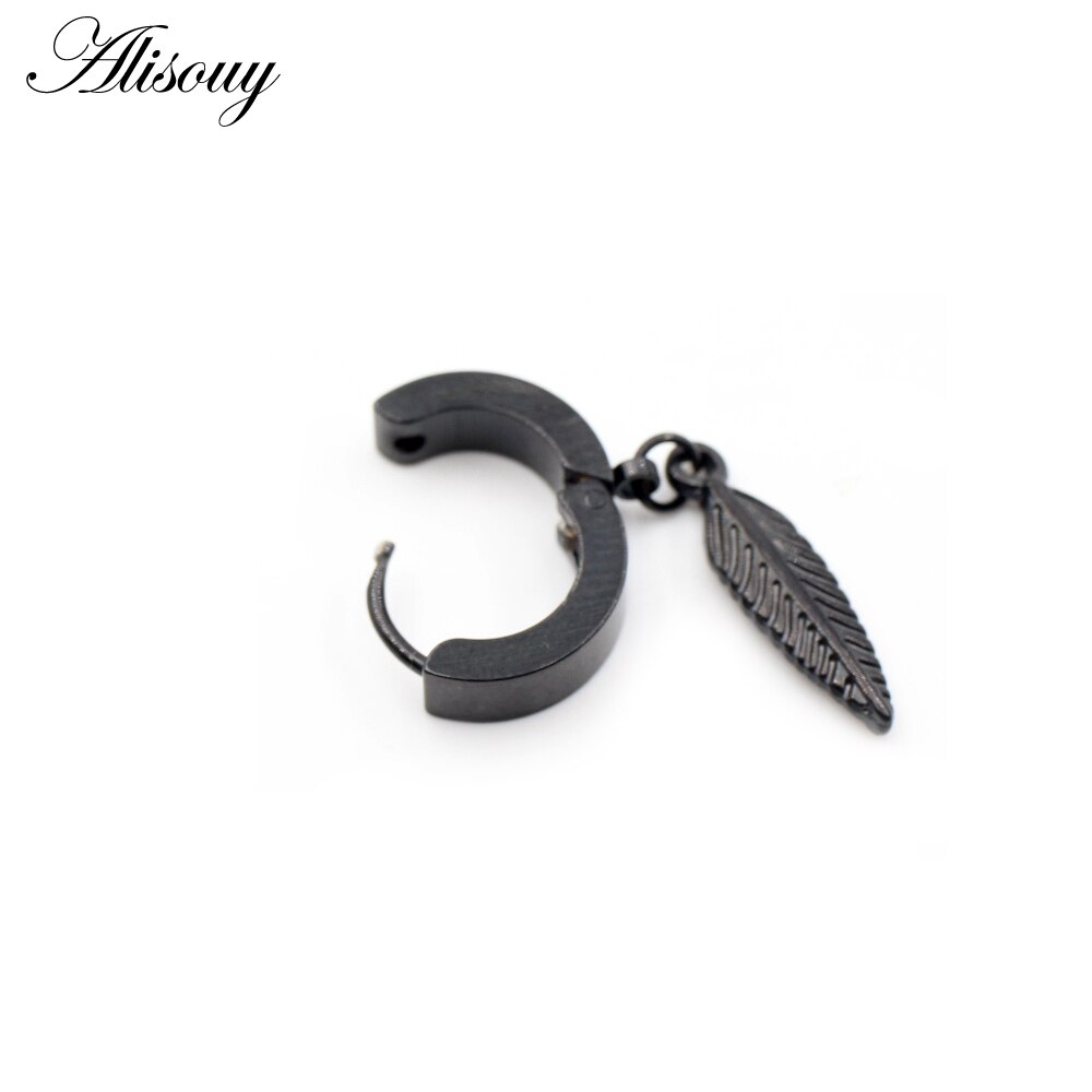 Alisouy 2 Stuks Punk Rvs Stud Huggie Oorringen Voor Vrouwen Mannen Leaf Feather Dangle Oorbellen Hiphop Goth Oor oorbellen