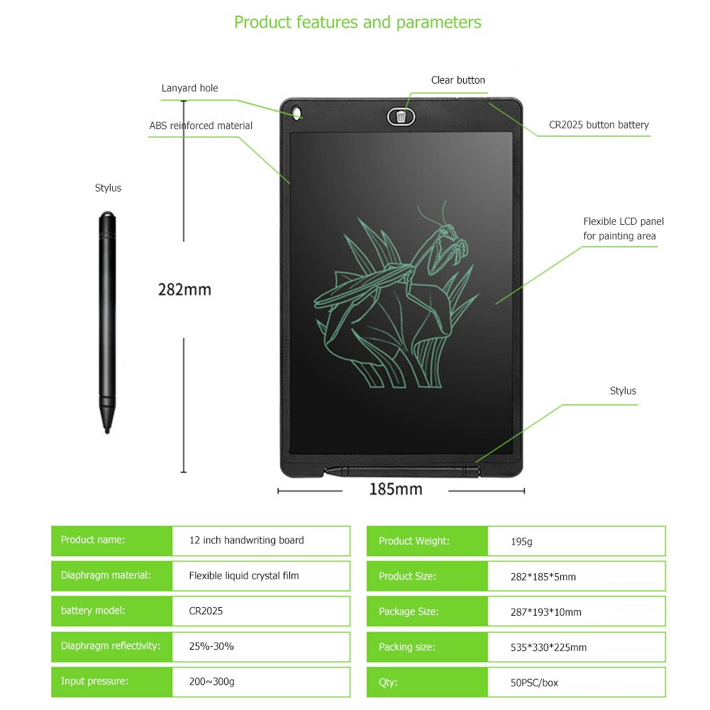 Portable 12 inch LCD Writing Tablet Ultra-Thin Electronic Digital Drawing Tablet Handwriting Pads Graffiti Board with LCD Pen