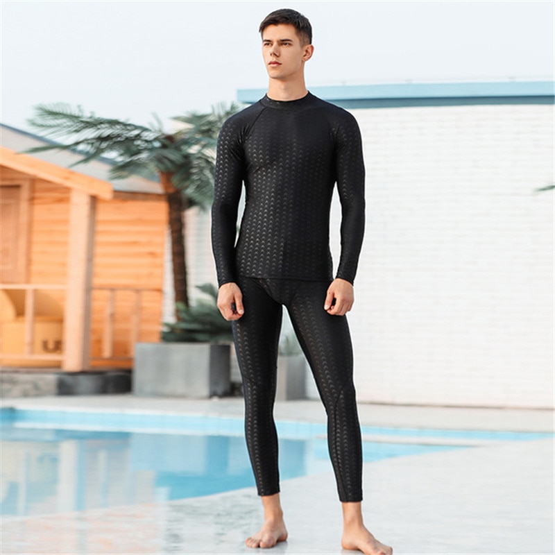 Trajes de baño para hombre, ropa de playa para surfear, buceo, Material similar a la piel de tiburón, Tops de manga larga, pantalones por encima de la rodilla, alta elasticidad, secado rápido