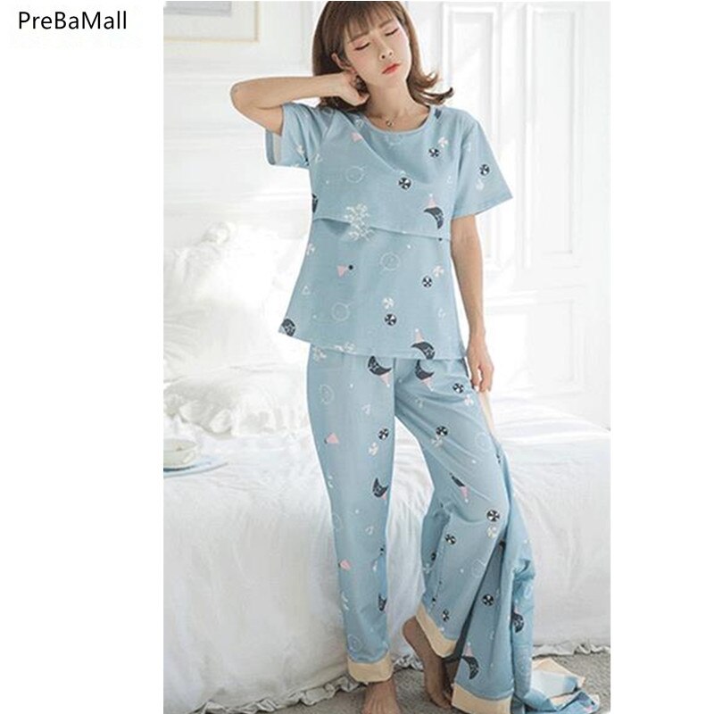 Barsel ammende tøj bomuld langærmet nattøj ammende pyjamas 3 stk / sæt til gravide  d0039