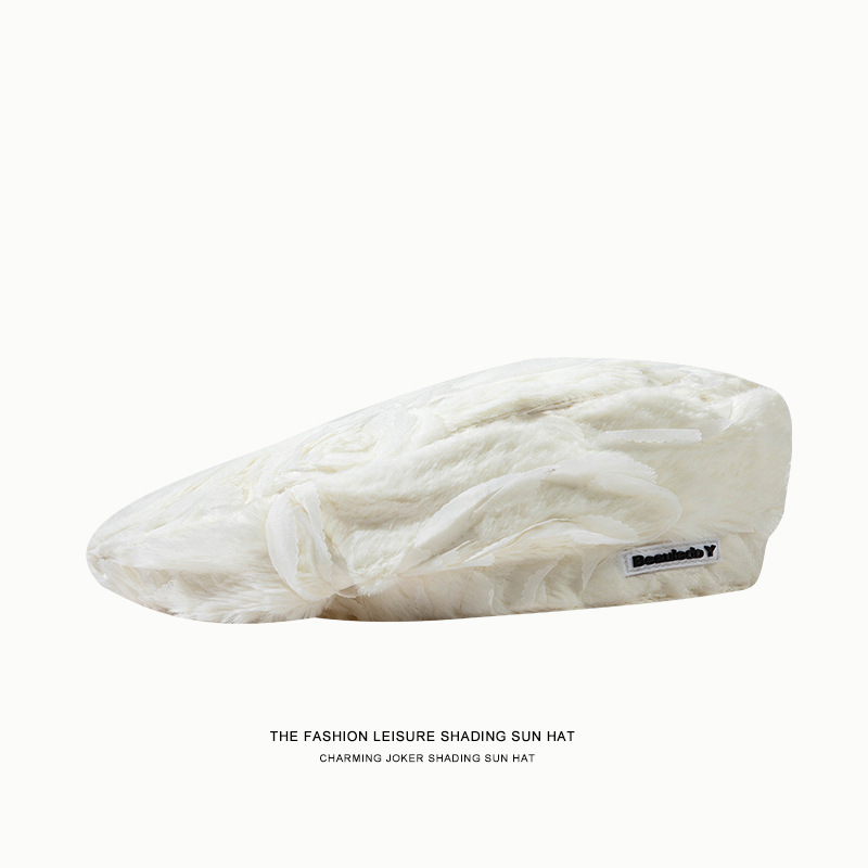 Boina de pelo de conejo para mujer, gorro de pintor negro, informal, para boda, Otoño e Invierno: white