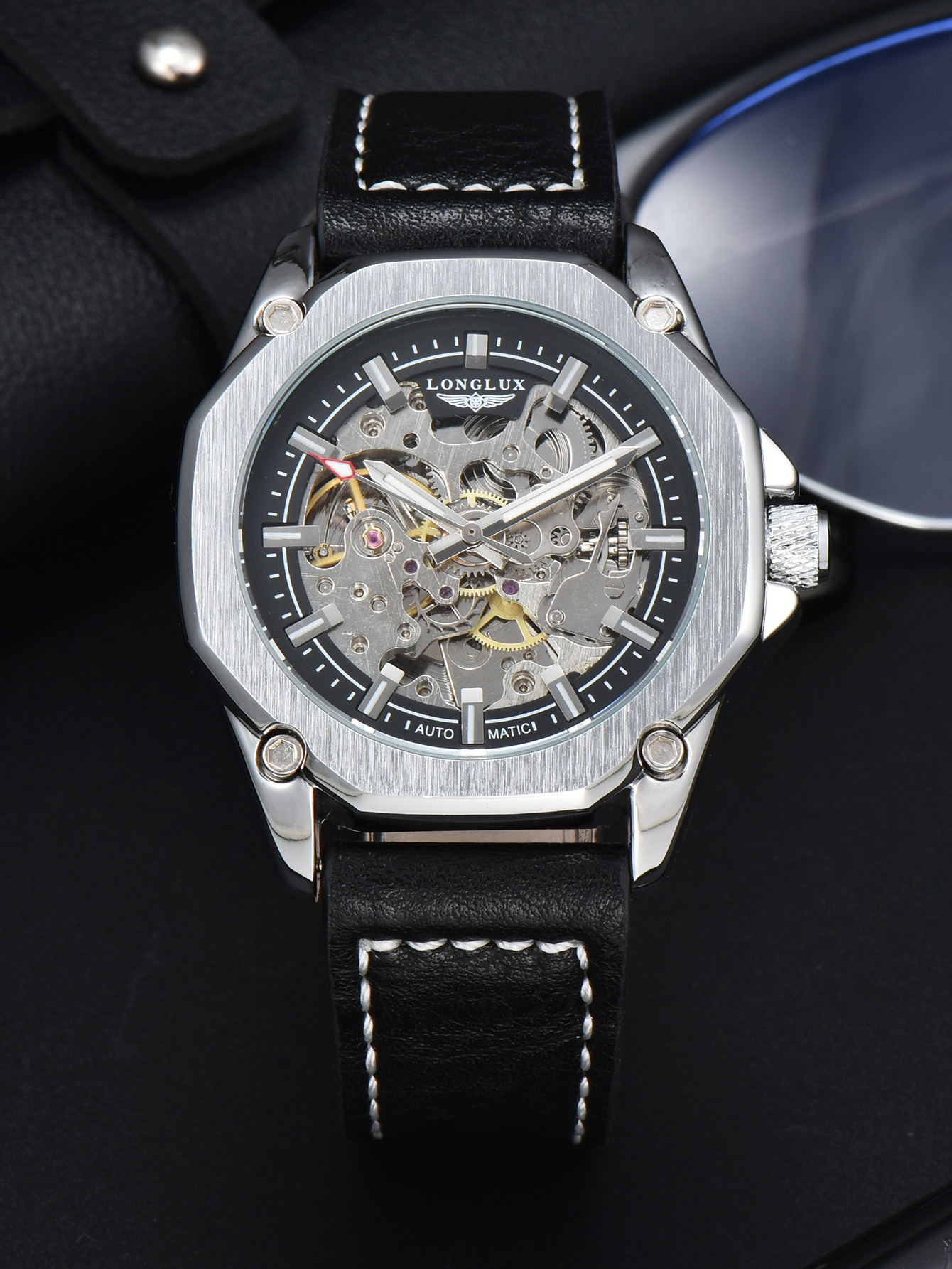 LONGLUX montre automatique sport style montres mécaniques creux en cuir hommes montre hommes: Multicolore