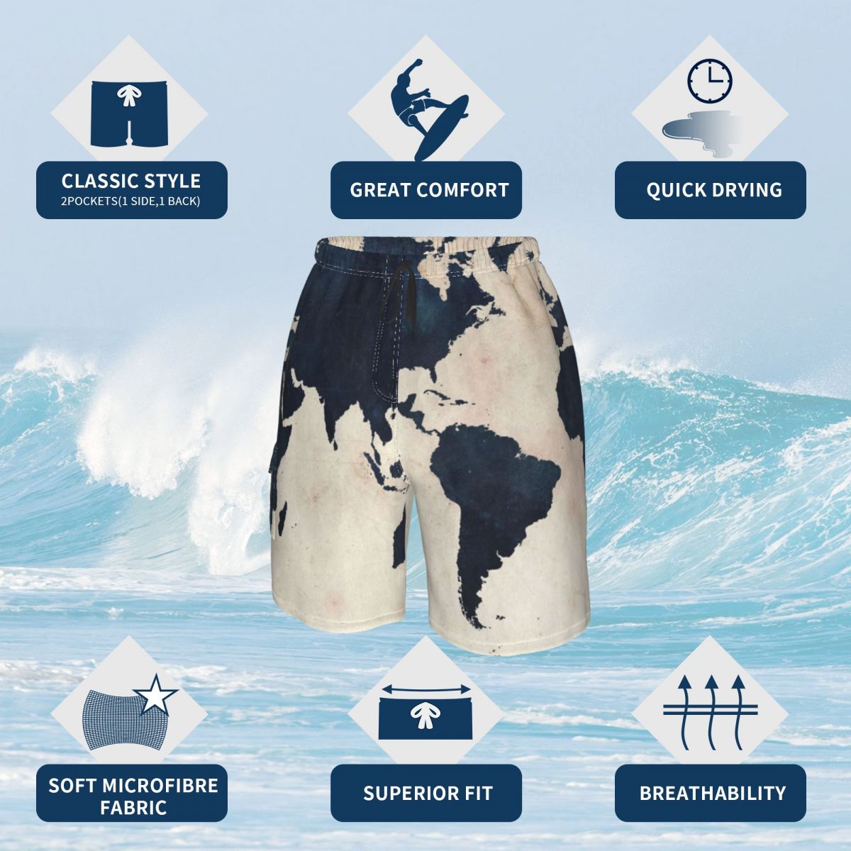 Short de bain avec imprimé de la carte du monde pour hommes, culotte de planche, pantalon court, taille élastique, maillot de bain confortable, grande taille, offre spéciale