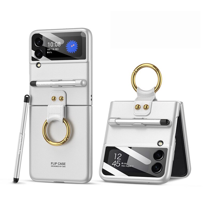 Custodia per Samsung Galaxy Z Flip 3 5G Cover per anello per dito con penna stilo custodia rigida per Slot per penna in plastica dura opaca: Silver