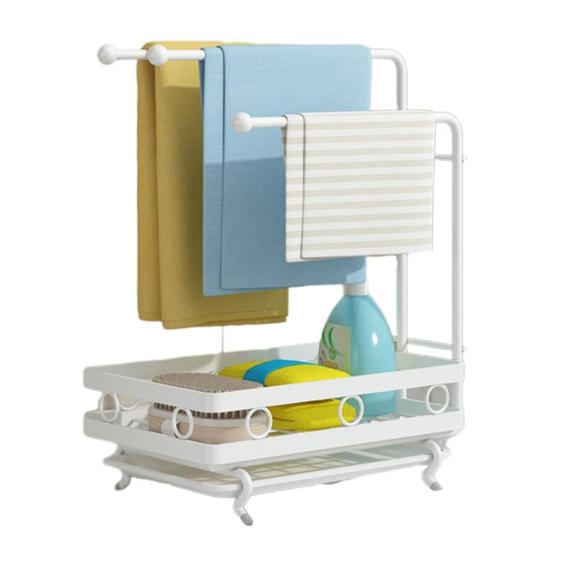 Porte-éponge avec bac de vidange, pour évier de cuisine, organisateur de caddie pour éponge, porte-savon, porte-torchon: White / Desktop