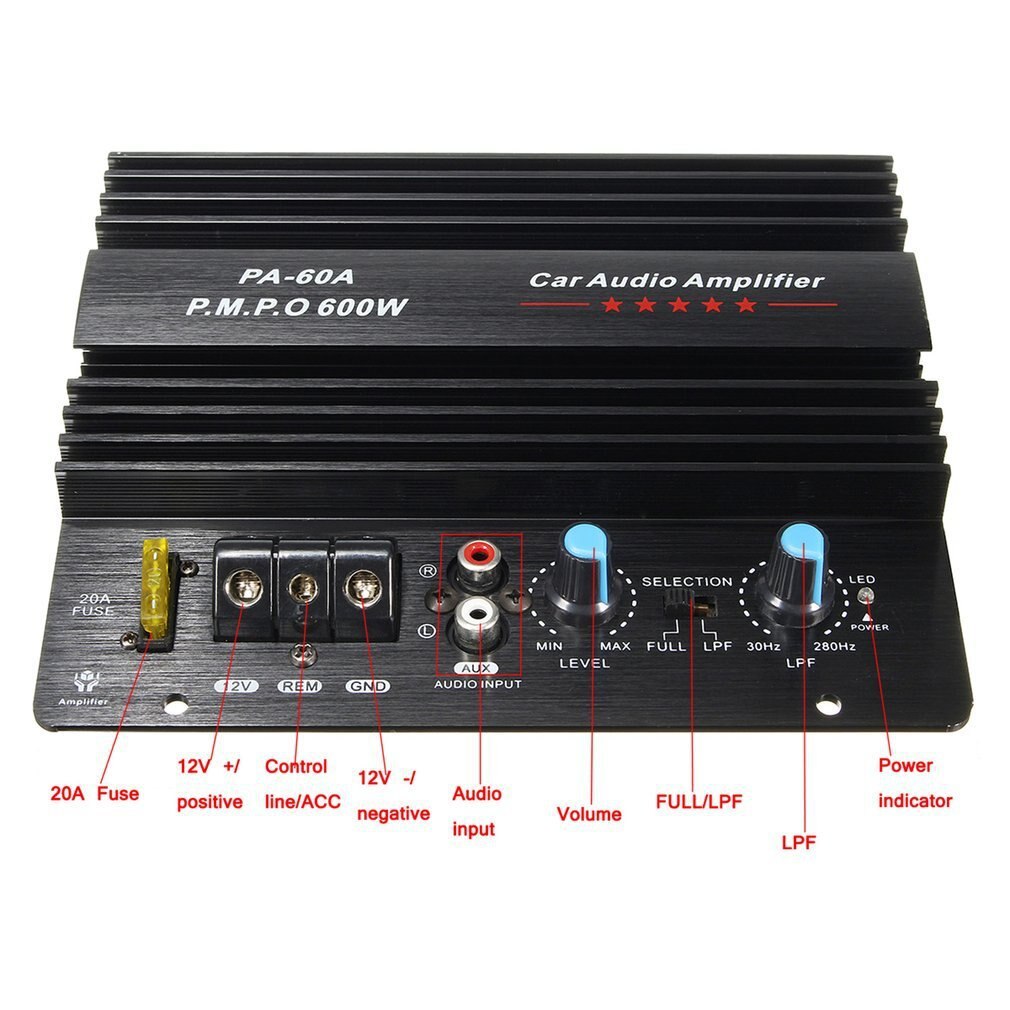 PA-60A 12V Mono 600W High Power Car Audio Amplifier Wire Drawing Powerful Bass Subwoofers Amplifier With 20A Fuse