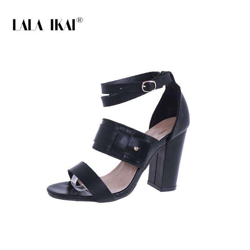 LALA IKAI-Zapatos de tacón alto con hebilla para mujer, sandalias con correa, Punta abierta, talla grande, novedad de verano: Black / 35