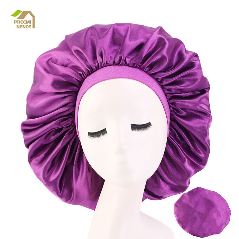 Ensfarvet satin hat hår nat badehætte til badeværelse hairbonnet sleep night cap cap til kvinder stor størrelse print satinsilk