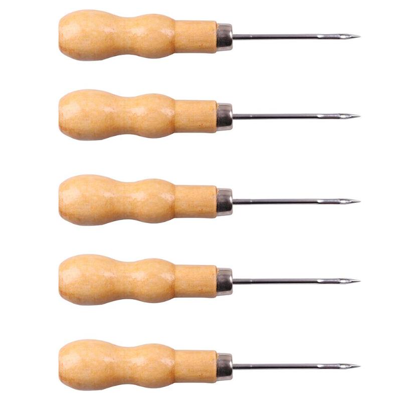 5 uds de cuero herramientas de mango, madera punzón mango de madera punzón de coser mano grapadora de cuero zapato de lona herramientas de reparación: 5pcs